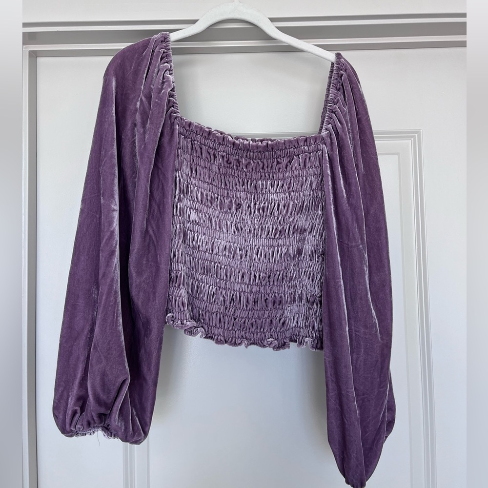 Anthropologie Velvet Purple Puff Sleeve Smocked Blouse